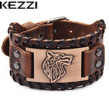 Kezzi Men's Wide Leather Bracelet with Wolf Head, Punk Charm Cuff Bracelet