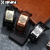 Kezzi Men's Wide Leather Bracelet with Wolf Head, Punk Charm Cuff Bracelet