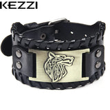 Kezzi Men's Wide Leather Bracelet with Wolf Head, Punk Charm Cuff Bracelet