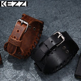 Kezzi Men's Wide Leather Bracelet with Wolf Head, Punk Charm Cuff Bracelet