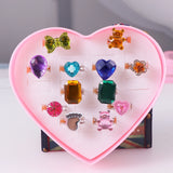 Kids Adjustable Cartoon Girl Rings with Heart Shaped Showcase