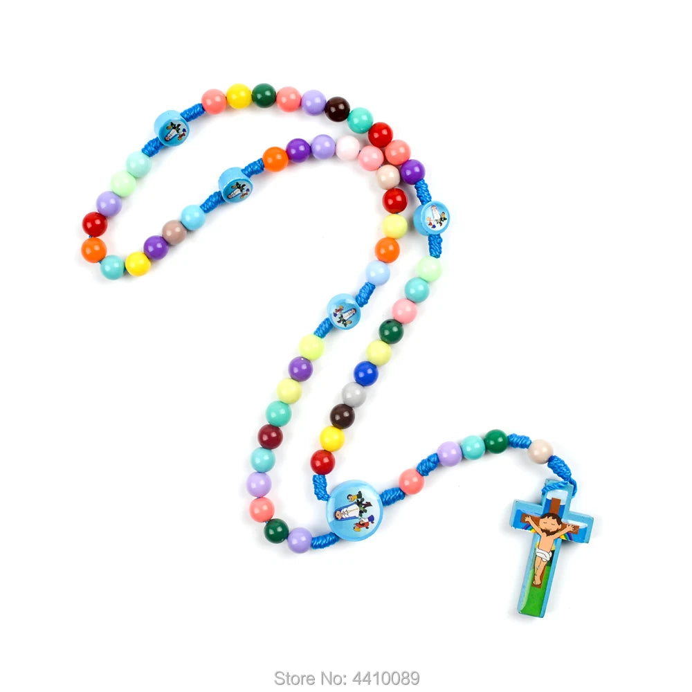 Kids Rosary Carton Fatima Girl Pink Wood Colorful Sticker Bead Cord Baptism