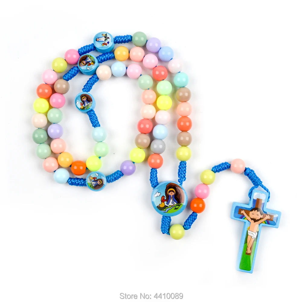 Kids Rosary Carton Fatima Girl Pink Wood Colorful Sticker Bead Cord Baptism