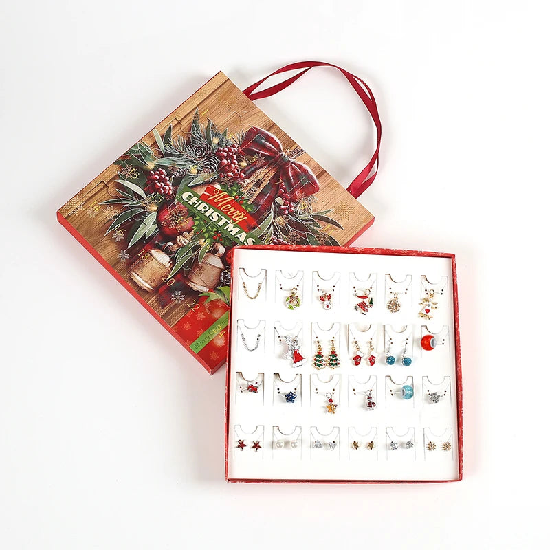 Christmas Advent Calendar Jewelry Set DIY Charms Necklace Earrings Xmas Box
