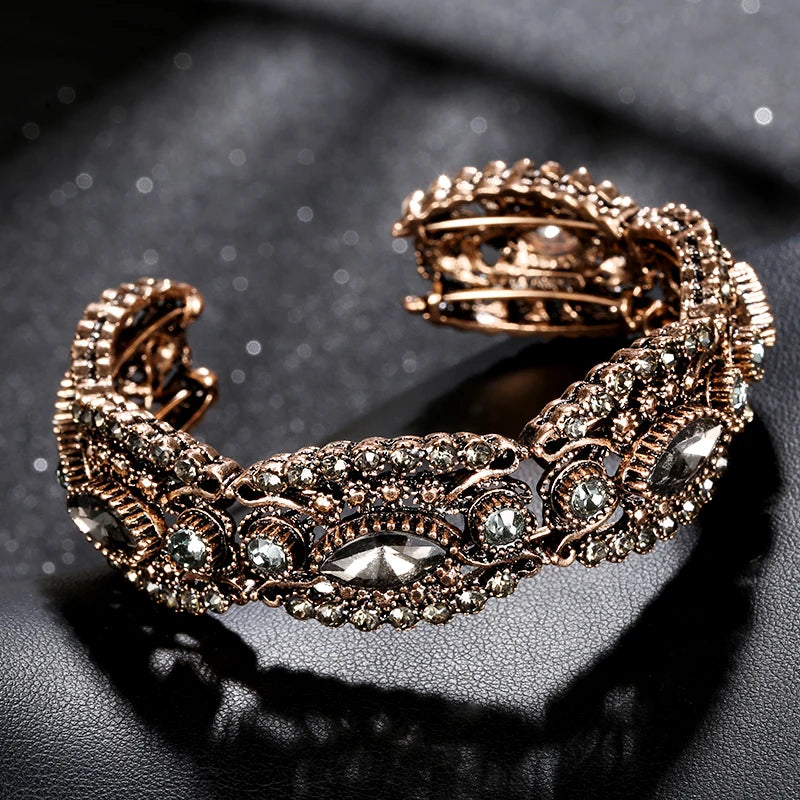 Kienl Charm Gray Crystal Flower Bangle Vintage Cuff Bracelet