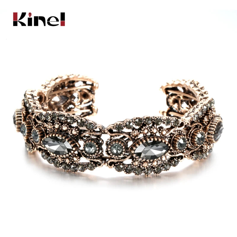 Kienl Charm Gray Crystal Flower Bangle Vintage Cuff Bracelet