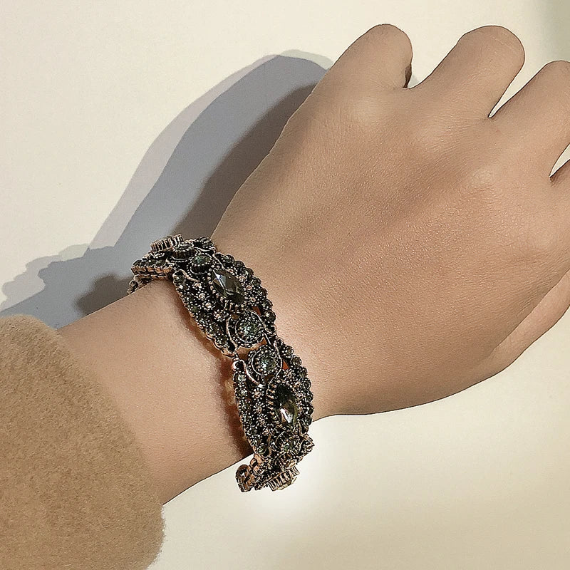 Kienl Charm Gray Crystal Flower Bangle Vintage Cuff Bracelet