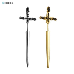 925 Silver Large Cross Long Thread Pin Punk Earring