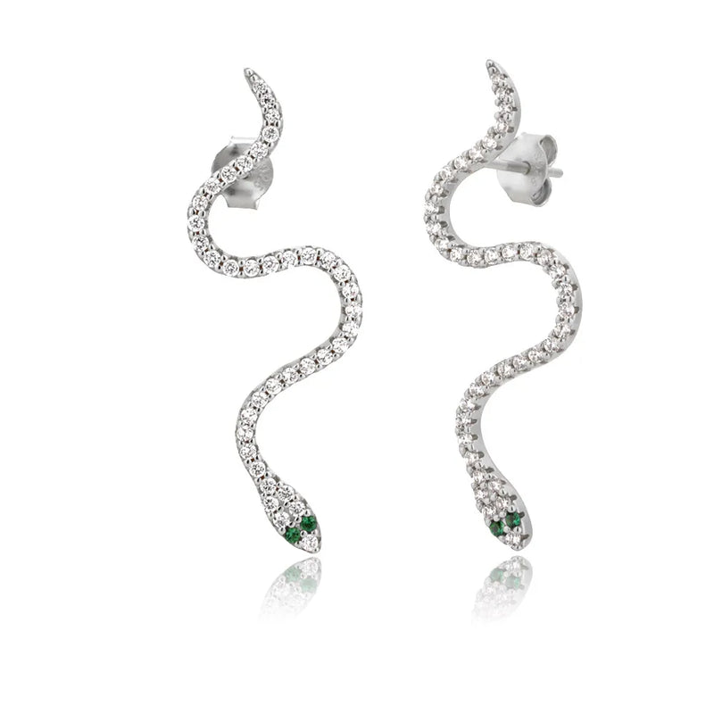 925 Sterling Silver Snake Stud Earring Zircon CZ Crystal Women Piercing Jewelry