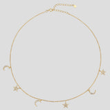 925 Silver Star Moon Charm Chain Choker Necklace Zircon Crystal Women Jewelry