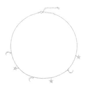 925 Silver Star Moon Charm Chain Choker Necklace Zircon Crystal Women Jewelry