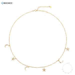 925 Silver Star Moon Charm Chain Choker Necklace Zircon Crystal Women Jewelry