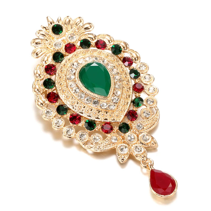 Boho Green Stone Brooch Crystal Moroccan Wedding Jewelry
