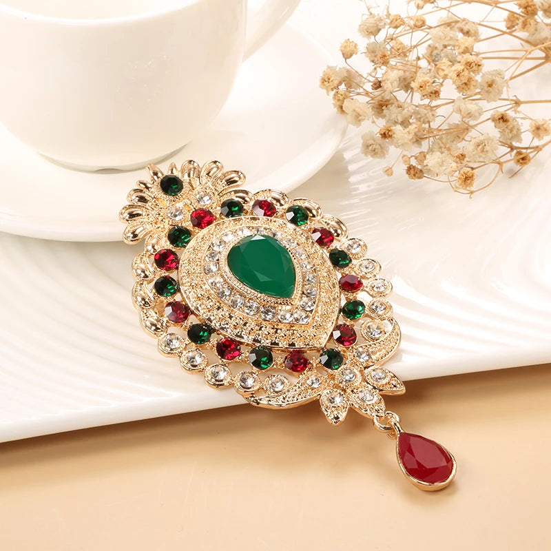 Boho Green Stone Brooch Crystal Moroccan Wedding Jewelry