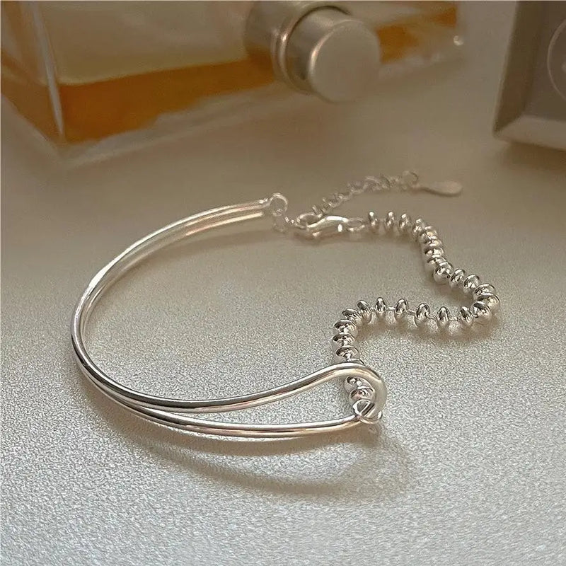 Kinel 925 Sterling Silver Round Bead Bracelet For Women Geometric Thin Line