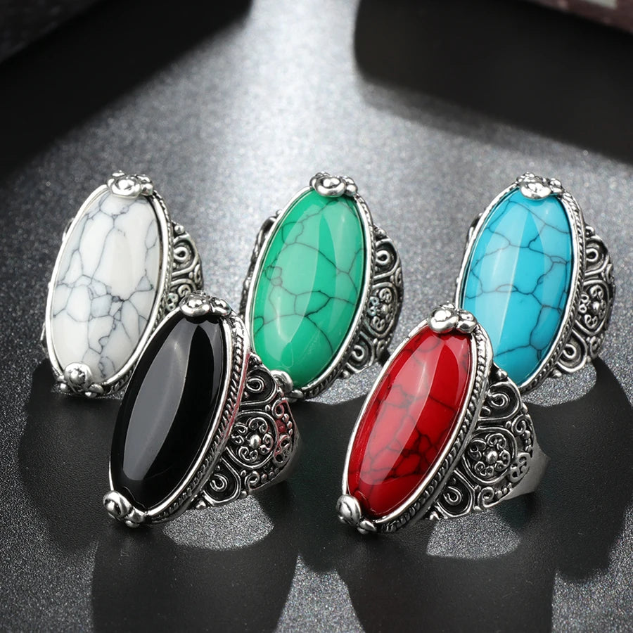 Kinel Flower Band Oval Natural Stone Rings Antique Tibetan Silver Retro Jewelry