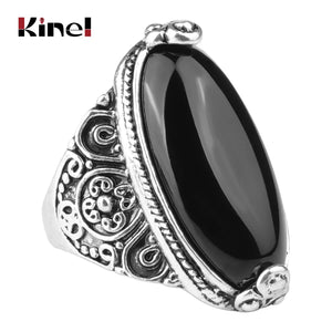 Kinel Flower Band Oval Natural Stone Rings Antique Tibetan Silver Retro Jewelry