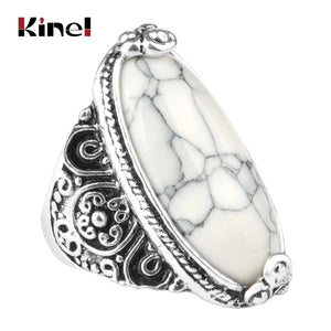 Kinel Flower Band Oval Natural Stone Rings Antique Tibetan Silver Retro Jewelry