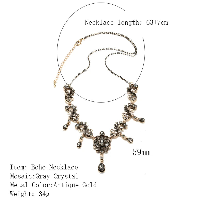 Kinel Grey Crystal Flower Necklace Boho Ethnic Wedding Jewelry
