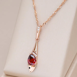 Kinel 585 Rose Long Pendant Necklace Red Zircon Bride Vintage Jewelry