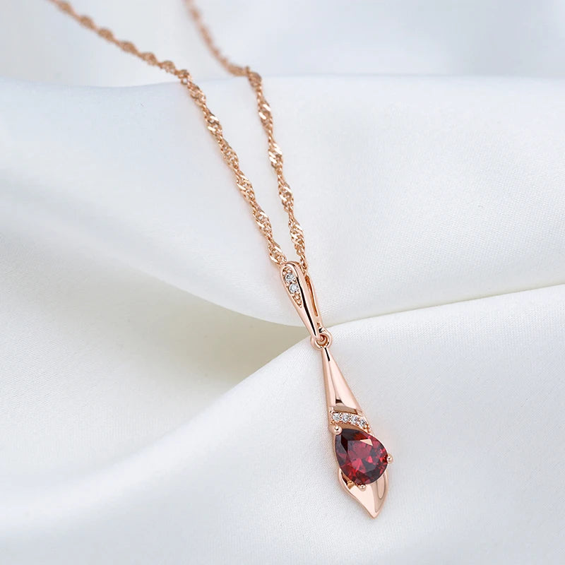 Kinel 585 Rose Long Pendant Necklace Red Zircon Bride Vintage Jewelry