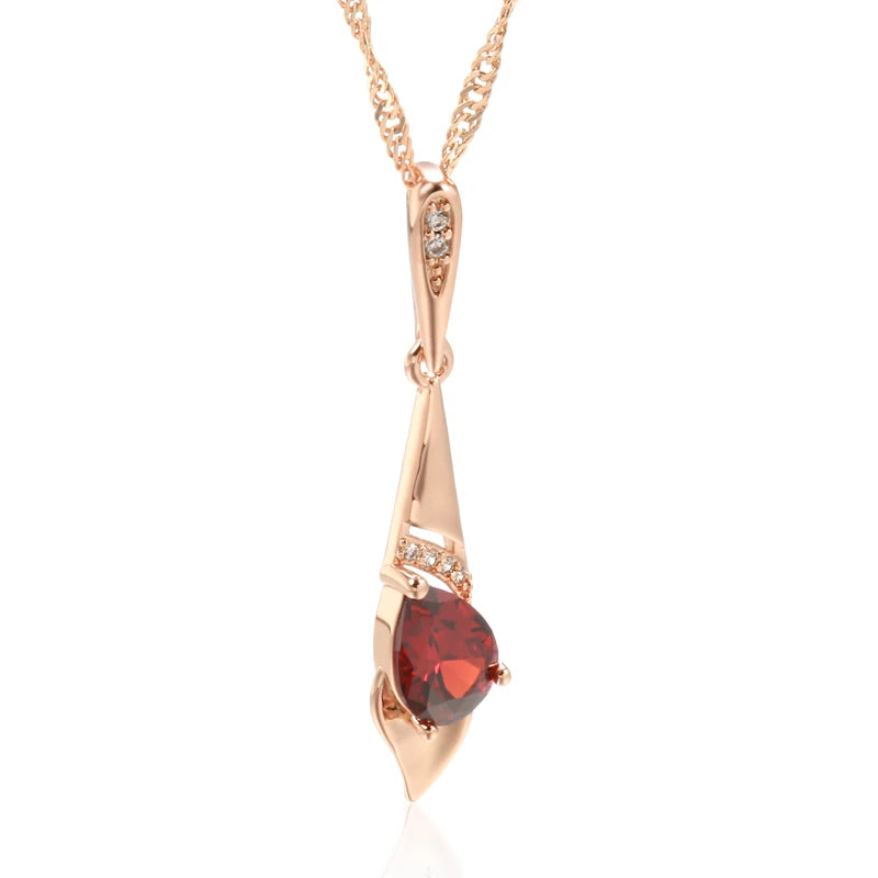 Kinel 585 Rose Long Pendant Necklace Red Zircon Bride Vintage Jewelry