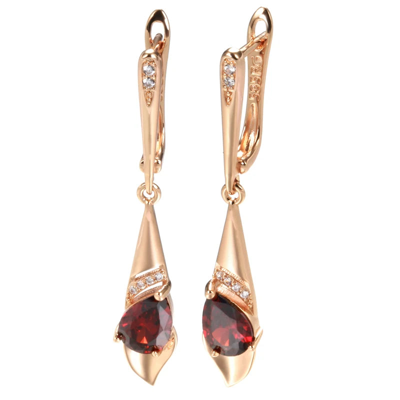 Kinel 585 Rose Red Zircon Dangle Earrings Vintage Wedding Jewelry