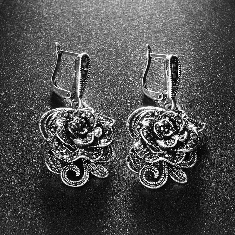 Vintage Crystal Rose Flower Drop Earrings Antique Silver CZ Jewelry