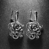 Vintage Crystal Rose Flower Drop Earrings Antique Silver CZ Jewelry