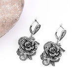 Vintage Crystal Rose Flower Drop Earrings Antique Silver CZ Jewelry