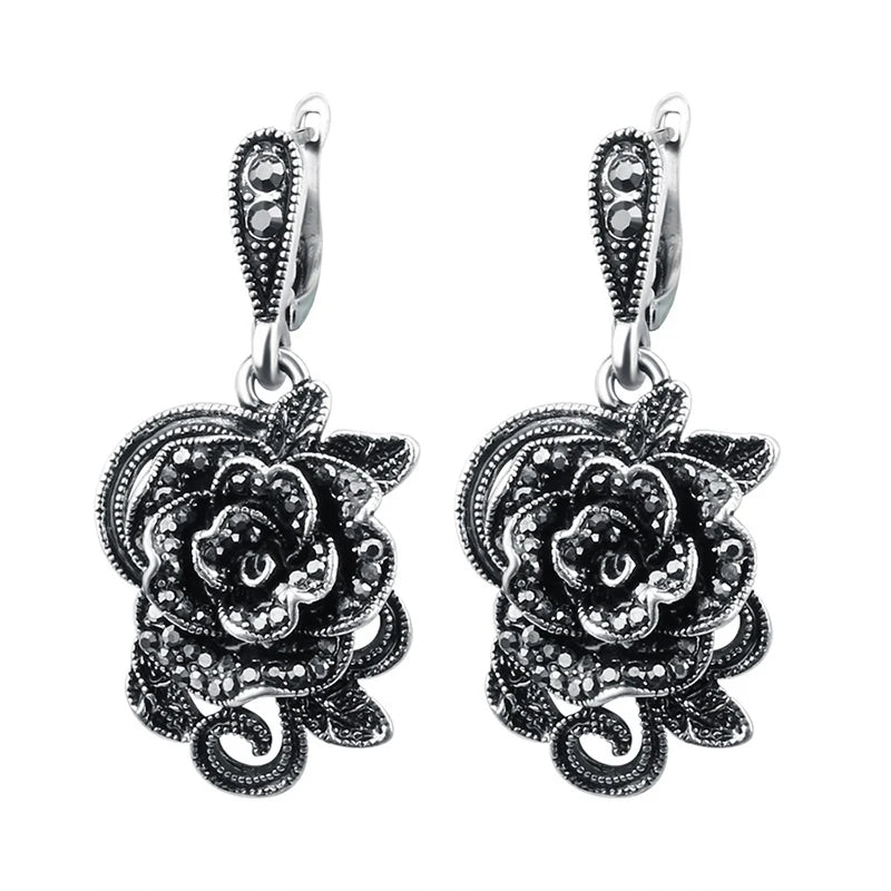 Vintage Crystal Rose Flower Drop Earrings Antique Silver CZ Jewelry