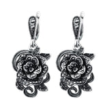 Vintage Crystal Rose Flower Drop Earrings Antique Silver CZ Jewelry