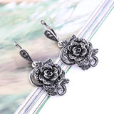 Vintage Crystal Rose Flower Drop Earrings Antique Silver CZ Jewelry