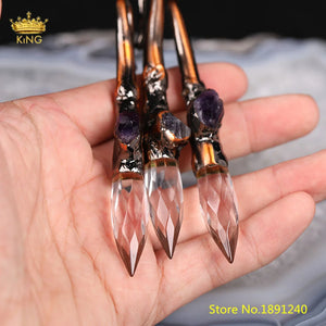 Clear Crystal Amethyst Pendant, Bronzed Quartz Necklace