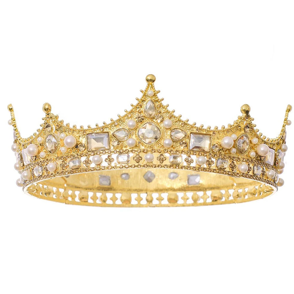 Vintage Crystal Pearl King Crown for Men - Gold