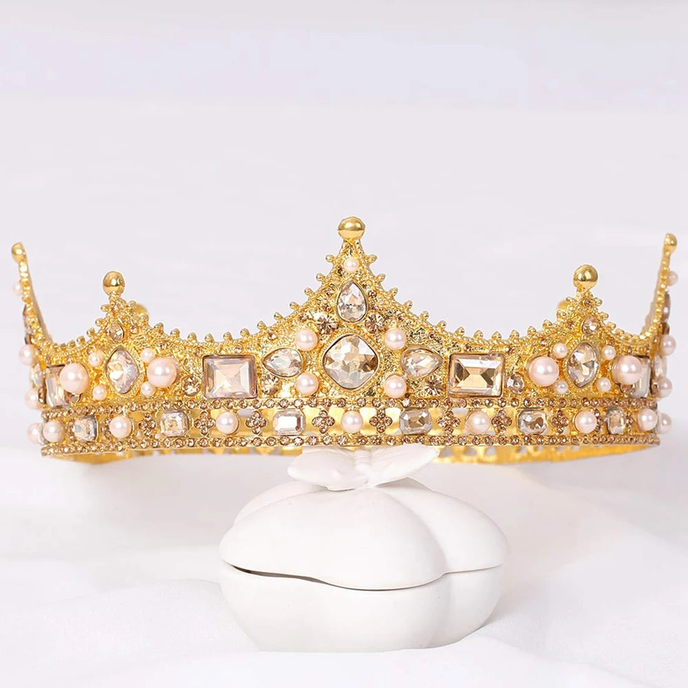 Vintage Crystal Pearl King Crown for Men - Gold