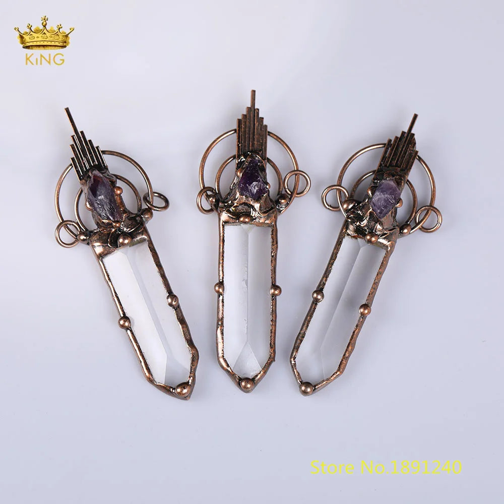 King Raw Arrow Pendant, Antique Copper Necklace Amethyst Reiki