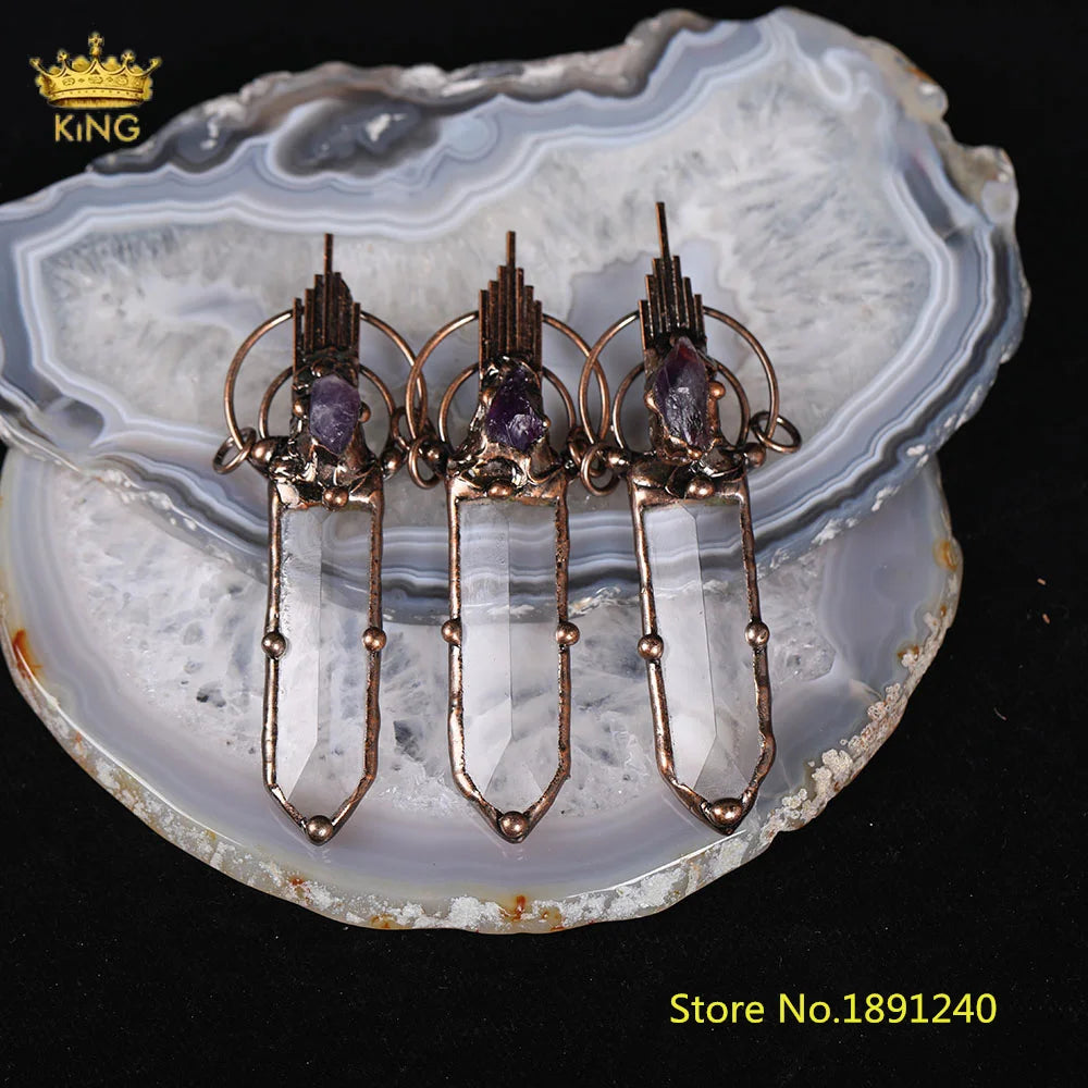 King Raw Arrow Pendant, Antique Copper Necklace Amethyst Reiki
