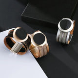 Kirykle Boho Leather Bracelet Women Circle Charm Wide Bracelet