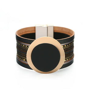 Kirykle Boho Leather Bracelet Women Circle Charm Wide Bracelet