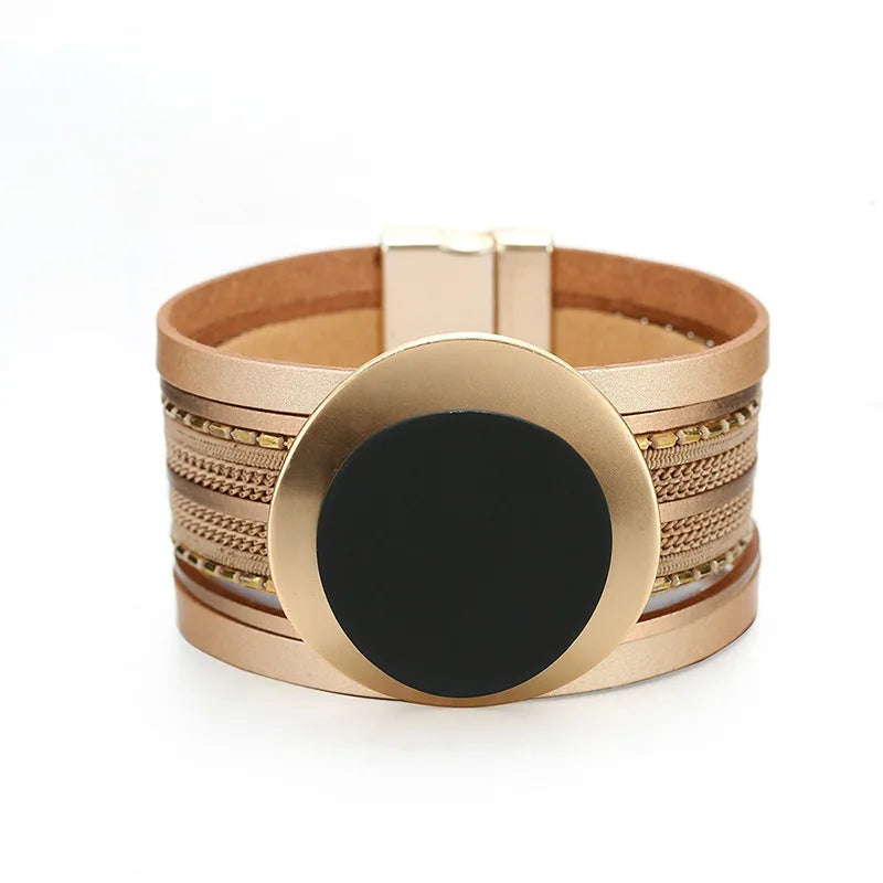 Kirykle Boho Leather Bracelet Women Circle Charm Wide Bracelet