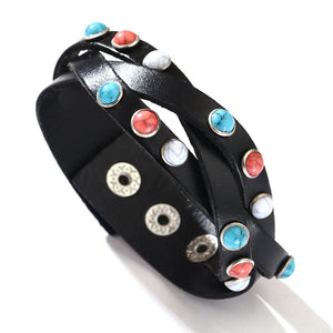 Red Turquoise Mosaic Cowhide Bracelet Hand-woven Leather Jewelry