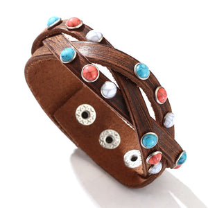 Red Turquoise Mosaic Cowhide Bracelet Hand-woven Leather Jewelry