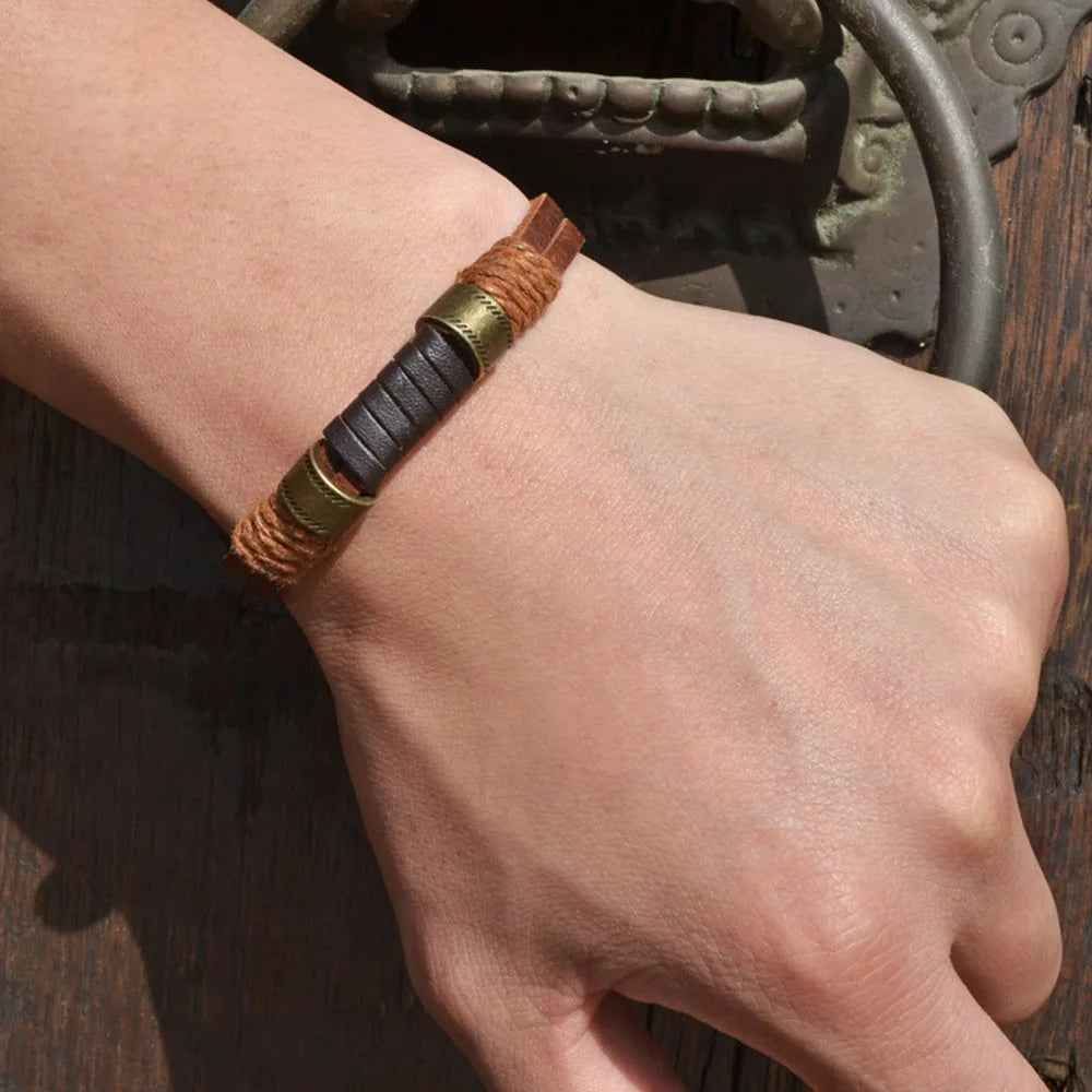 Punk Weaving Leather Bracelet Brown Cuff Bangle Vintage Jewelry Gift