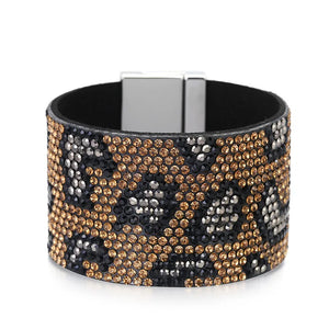 Leopard Grain Rhinestone Leather Bracelets for Women