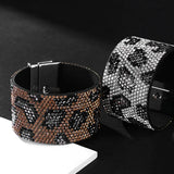 Leopard Grain Rhinestone Leather Bracelets for Women