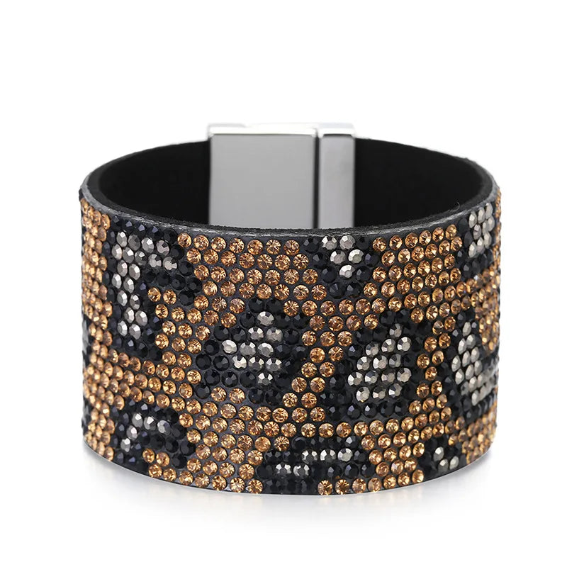 Leopard Grain Rhinestone Leather Bracelets for Women