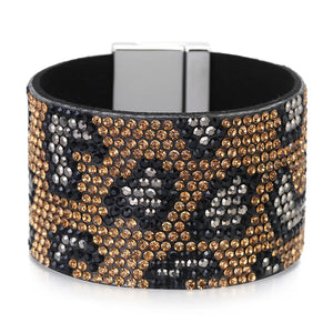 Leopard Grain Rhinestone Leather Bracelets for Women