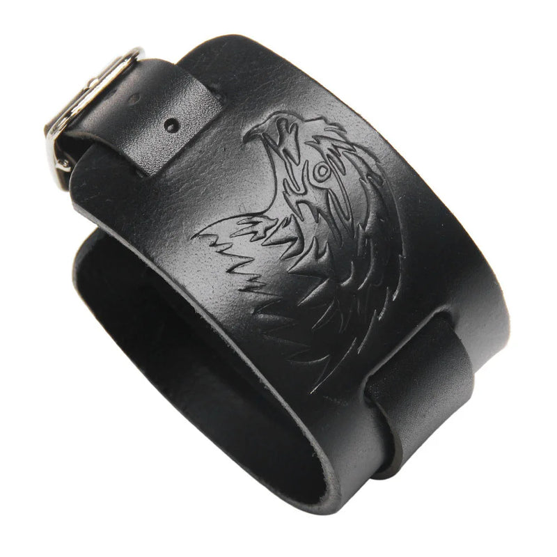 Brown Wolf Goshawk Head Leather Bracelet Men Vintage Wide Bracelets Bangles