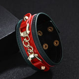 Red Leather Charm Bracelet with Metal Rivets for Women